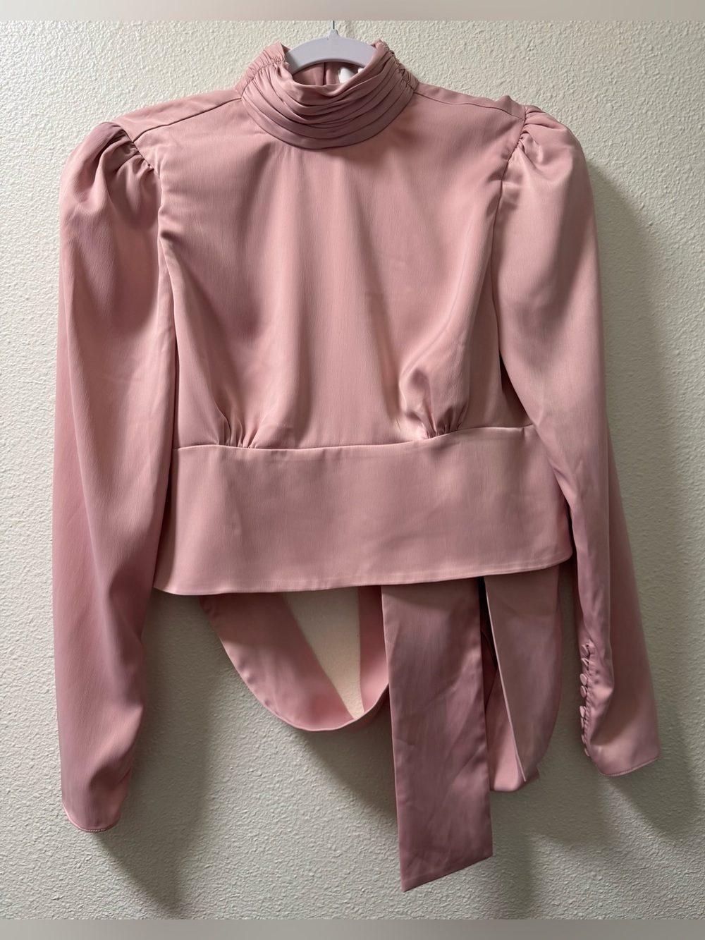L'Academie Long Sleeve Blouse Open Tie Back Gathered Button Neck Dusty Pink Med